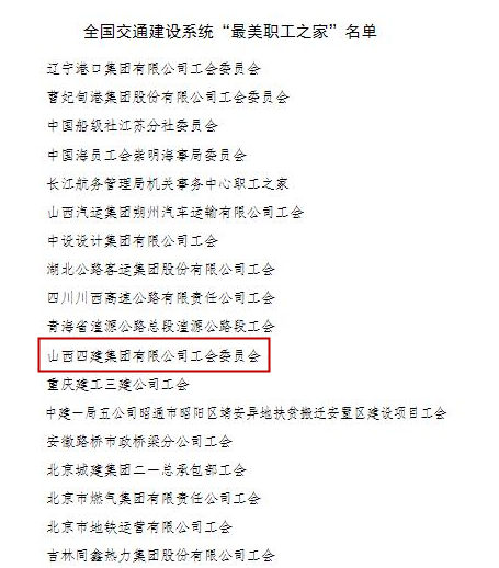 山西建投四建集团工会荣获全国交通ob电竞系统“最美职工之家”称号